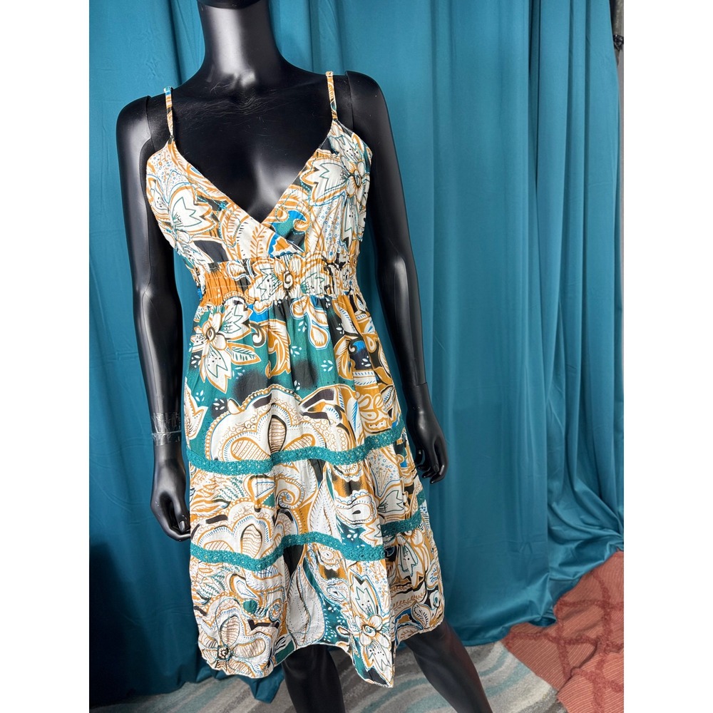 Pink‎ Apple Floral Paisley Cotton Boho Midi Dress Teal Mustard Smocked Waist M